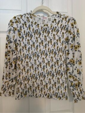 Goldie Smocked Floral Blouse — Yellow, Gray on White NWOT